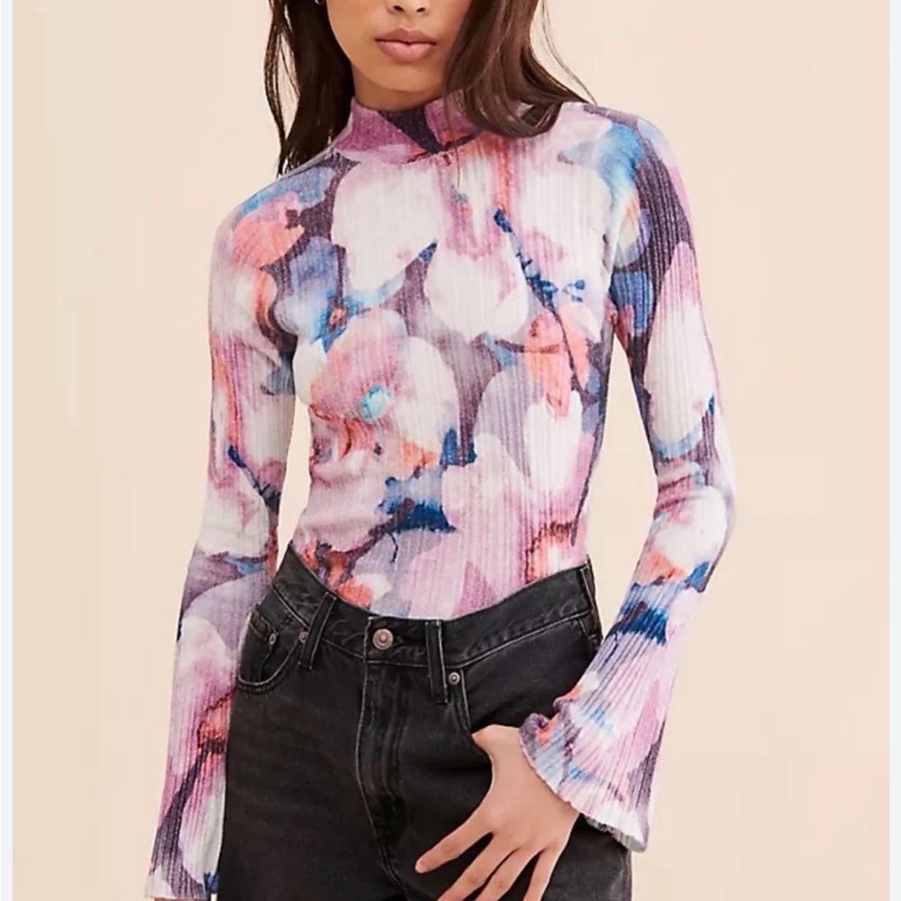 Pilcro Anthropologie Floral Velvet Turtleneck Top Small Ribbed Flare Sleeve